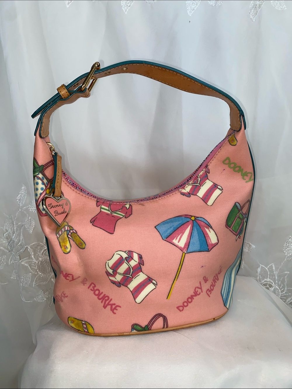 Vintage Dooney & Bourke Pink Miami Beach-Print Hobo with Teal Trim